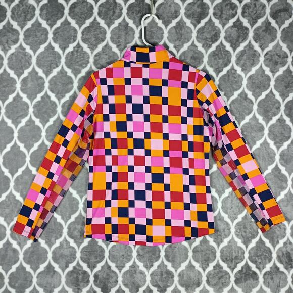 IBKUL Shirt Womens Medium Pink Orange Check UPF 50+ Long Sleeve Golf Mock Neck - Picture 3 of 8